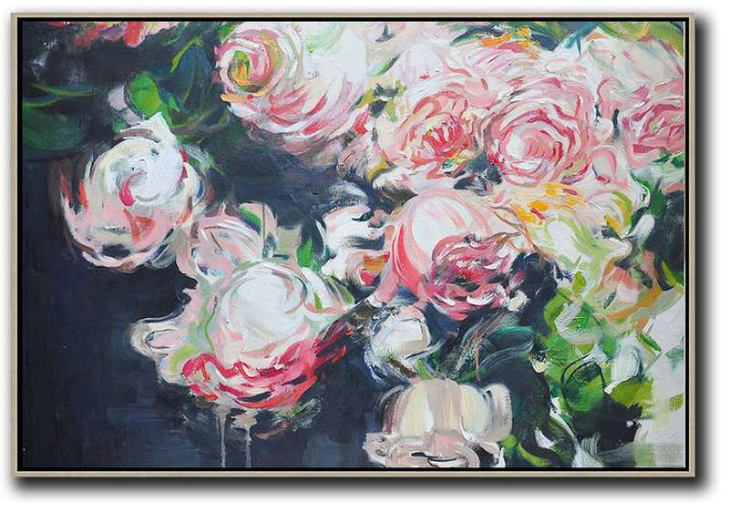Extra Large Canvas Art,Horizontal Abstract Flower Oil Painting,Large Contemporary Painting,Red,White,Black,Green.etc
